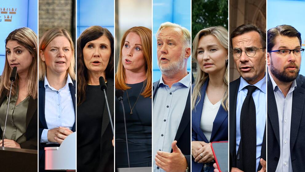 Den 11 september går Sverige till val. Bilden visar de sju partiledarna och en av Miljöpartiets språkrör, Märta Stenevi.